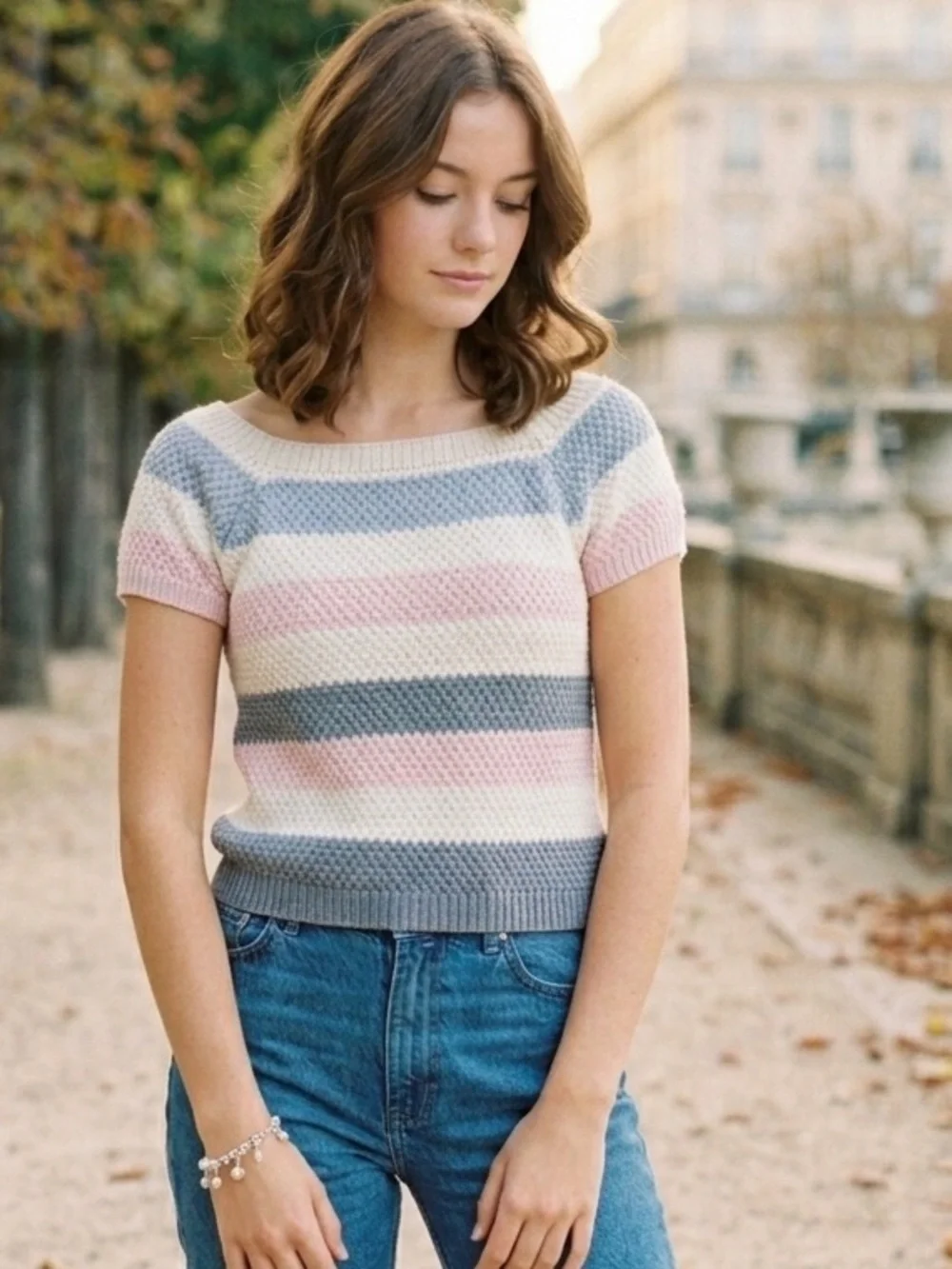 Full Tilt Striped Knit Top in Blue, Cream & Pink - Picture 1 of 4